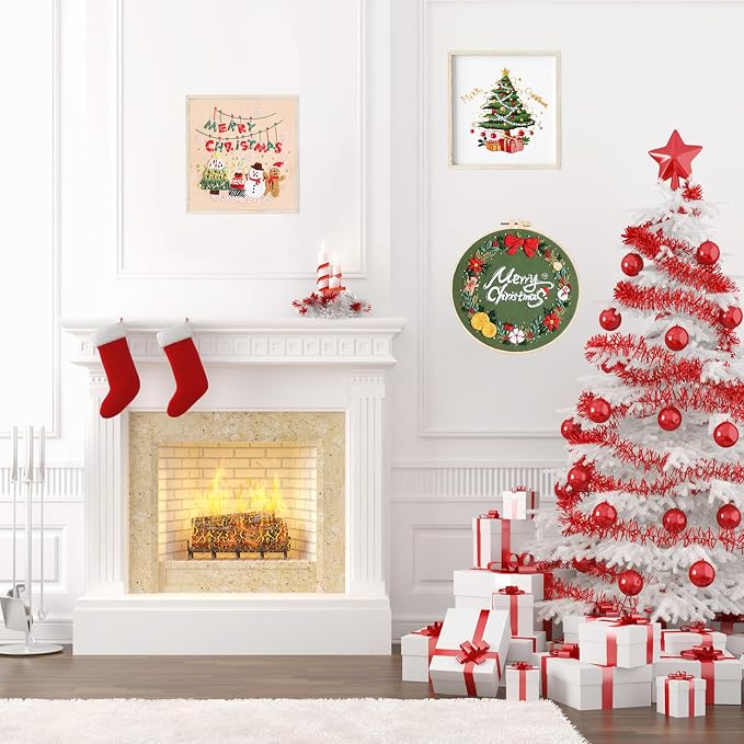 LB Christmas Embroidery Kit for Beginners Adults, 3 Sets Hand Embroidery Starter Kit with Wreath Pattern and Instructions Stamped Cross Stitch Kits Include Embroidery Hoop Needles Threads Scissors