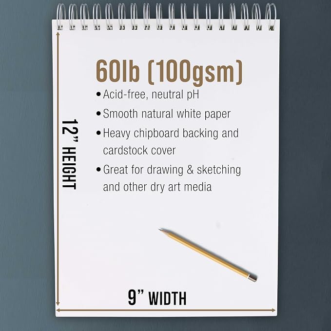 U.S. Art Supply 9"x12" Top Spiral Bound Sketch Book, 100 Sheets Each 2-Pack | 60lb (100gsm), Acid-Free, Artist Sketchbook, Drawing for Adults & Students