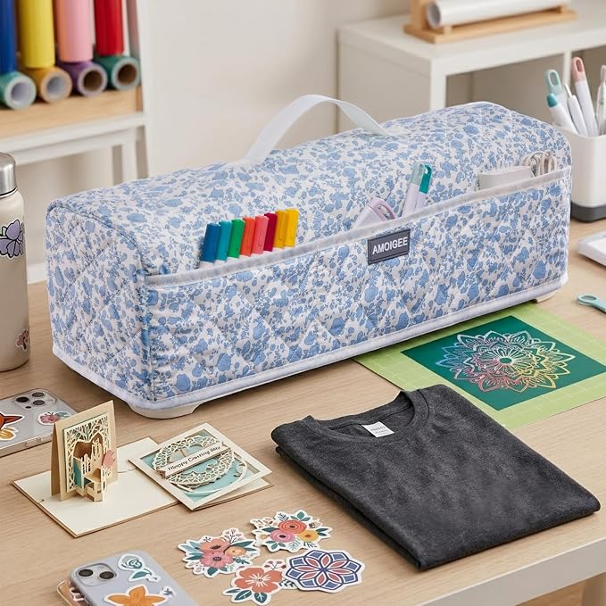 AMOIGEE Dust Cover for Cricuttt Maker 4 & Explore 4/3, Maker 3, Air 2, Quilted Protective Cover with Storage Pockets for Cutting Machine, Floral Fabric Anti-Dust Cover for Craft Machine Organizer