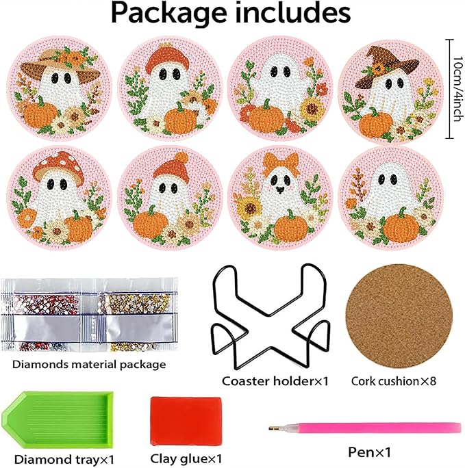 8 Pcs Halloween Diamond Art Coasters Kits with Holder 4X4 Inch