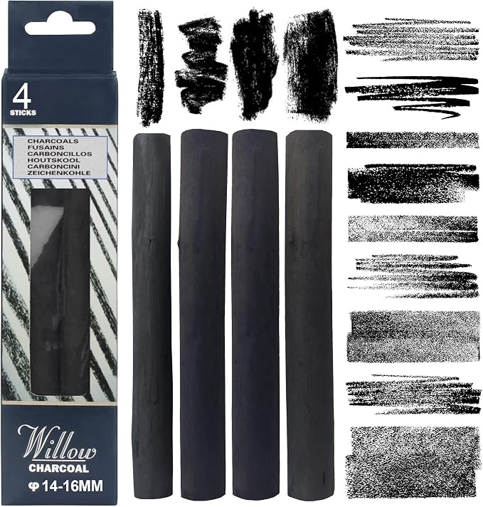 Willow Charcoal Sticks, 14-16MM Jumbo Willow Charcoal Pencils for Artists, Beginners, Students, 4 Pcs Natural Charcoal Stick for Sketching, Drawing, and Shading