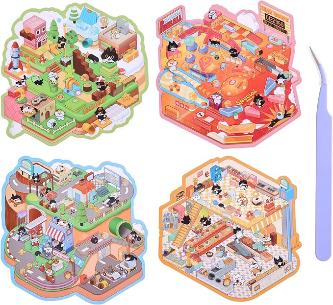 Girls 3D Miniature Scene Stickers,4 Sets Tuxedo Cat DIY House Stickers for Cool Go-Karts, Kitchen Battle, Marble Legend, Cat's World, 3D Sticker Scenes for Adult Kids Relief Stress Pass The Time