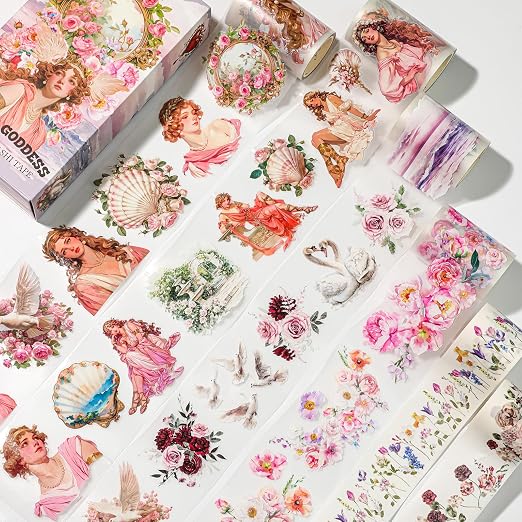 Pre-Cut PET Tape Stickers, Pet Washi Tape Set for Journaling - 4 Rolls PET & 2 Rolls Washi Tape, Greek Goddess Style with Renaissance Women & Architecture