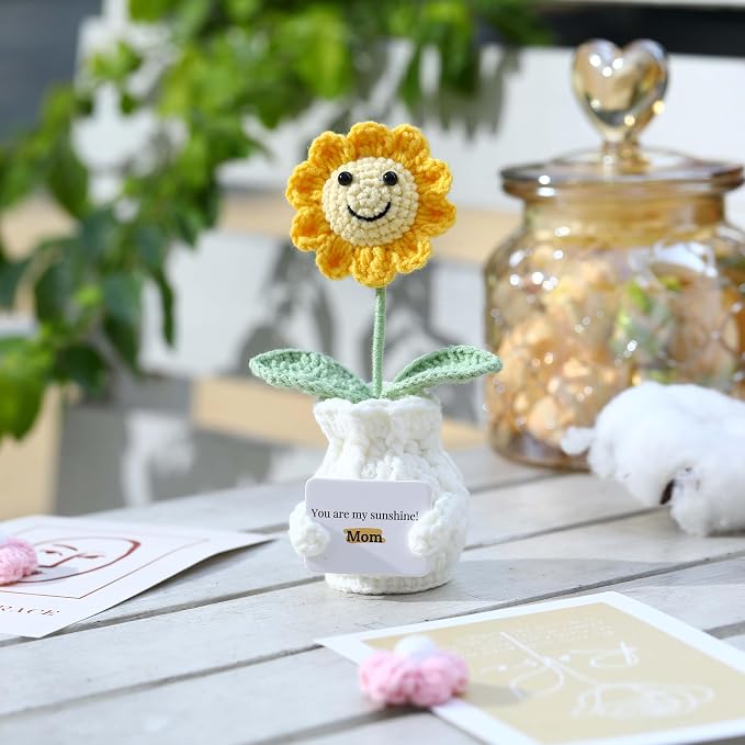 Valentines Day Gift for Mom Crochet Sunflower – You are My Sunshine! Mom! Crochet Gift from Daughter Son Kid - Handmade Knitted Sunflower Pot for Women, Appreciation Gifts Crochet Plant