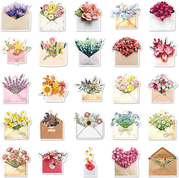 50Pcs Envelope Stickers for Letter and Greeting Cards, Gift Packaging, Ledger, Diary Decoration Stickers(Envelope Flower)