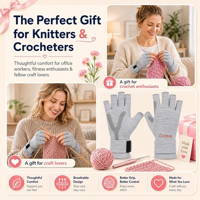 Coopay Crochet Gloves, Fingerless Compression Gloves with Anti-Slip Grip, M | Ergonomic Crochet Accessories for Hook Control, Knitting & Crafting, Left and Right Hand Design, 2 Pcs