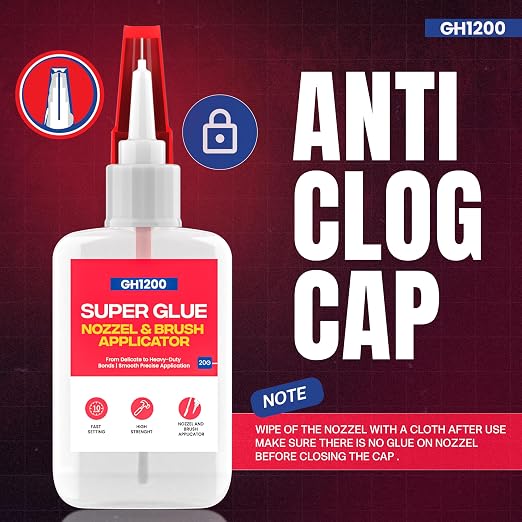 GH1200 2 PCs (2-in-1) Super Glue with Brush Applicator & Nozzle, Mess Free Superglue Brush, Instant Never Dries, 3000 CPS Ca Glue, No Stain Clear Glue, Super Glue for Plastic, Rubber & More