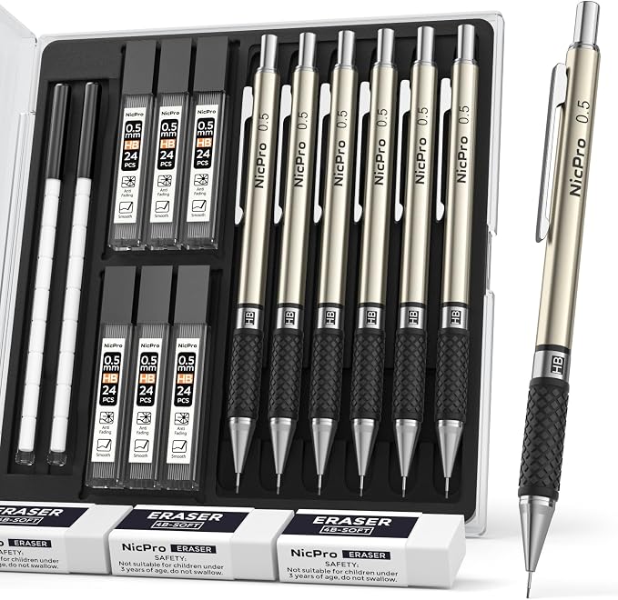 Nicpro 0.5 mm Art Mechanical Pencils Set in Case, 6 PCS | Metal Drafting Pencil Lead Pencil 0.5 + 6 Tube HB Refill, Erasers, Comfort Grip For School Writing, Artist Drawing Sketching