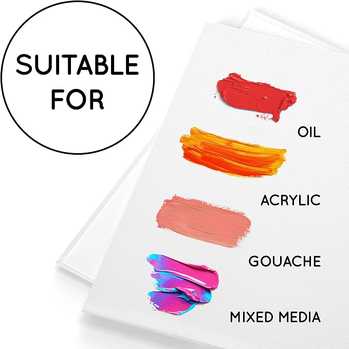 Artistik 16"x12" Paint Canvas Panels (Pack of 12) – 100% Medium-Grade Cotton Blank Canvas Painting Boards – Whit Canvases for Painting with Oil, Acrylic & Mixed Media