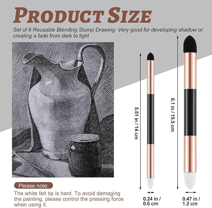 Kosiz 6 Pcs Blending Sponge Pen Rub and Buff Double Headed,Gold | Washable Reusable Sketching Blender Stumps for Artist Drawing, Highlight Shadow Detail Shading, Wipe Buff Art Tools