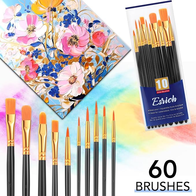 ESRICH 60PCS Paint Brushes, Paint Brush for Acrylic Painting | Artist Paintbrushes for Oil Watercolor, Body Face Rock Canvas, Small Paint Brushes for Kids, Black