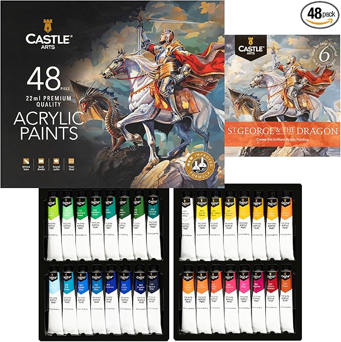 Castle Art Supplies 48 X 22ml Acrylic Paint Set - New Improved Formula | Richer, smoother intense colors for beginners and adult artists - all-inclusive set in an impressive presentation box