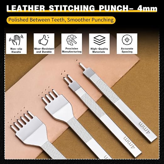 Leather Stitching Punch Hole Punch Tool Set, 4mm 1/2/4/6 Prong Punch Chisel