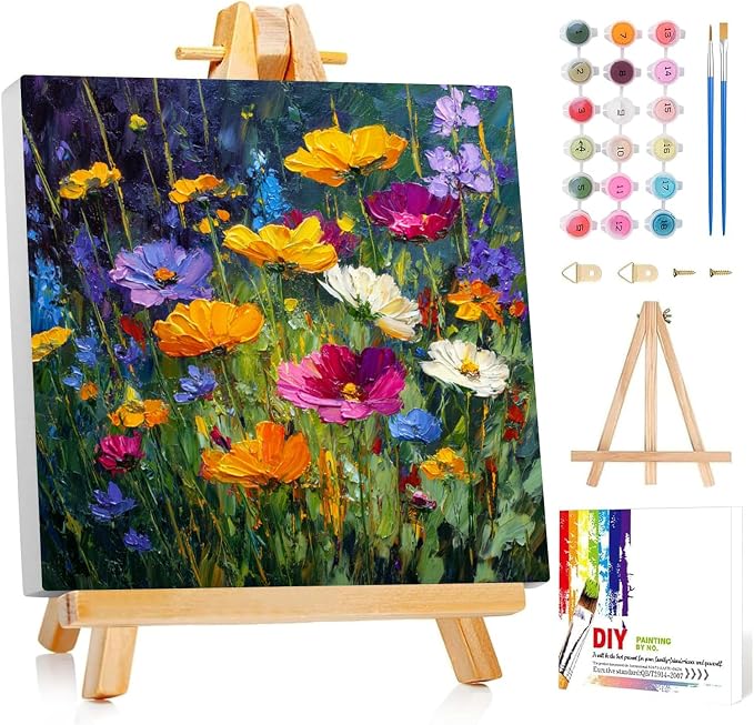 Framed Paint by Numbers Kit for Adults Beginner & Kids Ages 8-12 Flower Adult Paint by Number Kits on Canvas with Easel Floral Painting by Numbers for Adults with Frame DIY Painting Kits 8x8 Inch