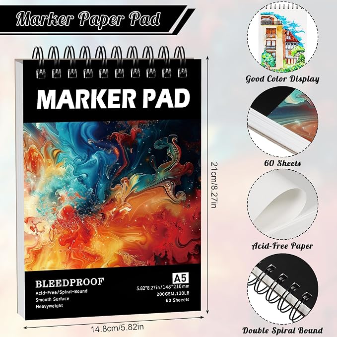 60 Sheets Marker Paper Pad, 5.8 × 8.3 in, 200gsm Alcohol Marker Paper