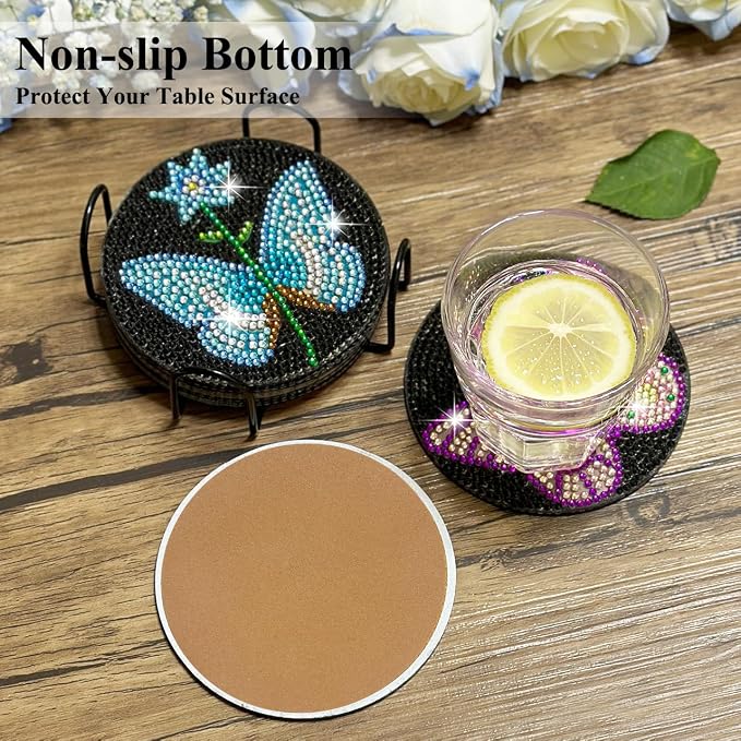 Vcekract 6 Pcs Butterfly Diamond Art Coasters Kit for Adults | Diamond Painting Coasters with Holder & Protective Backing, Diamond Art Adult Crafts for Table Home Decoration