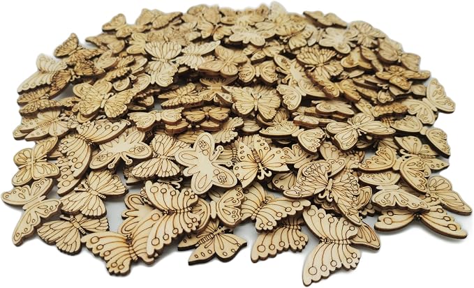 DIYOMR 200Pcs Unfinished Wood Pieces Hollow Wooden Art Decor, Vintage Embellishments Decorative Accessories for Scrapbooking Crafts DIY Home Decor (Butterflies)