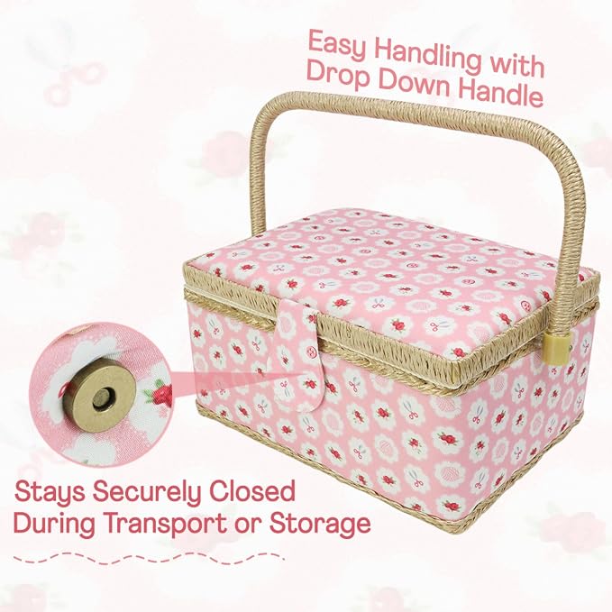 Sewing Basket with Accessories, Large Sew Storage Organizer with Complete Tools, Wooden Sew Box with Removable Tray Tomato Pincushion for Mending, Pink Rose