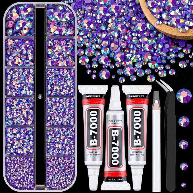 Resin Jelly Rhinestones for Crafting with B7000 Jewelry Glue, 1 Box Dark Purple AB Flatback Crystal with 3Pcs 10ml Glue, Bedazzling Non Hotfix Gems for DIY Tumblers Clothing Shoes Manicure