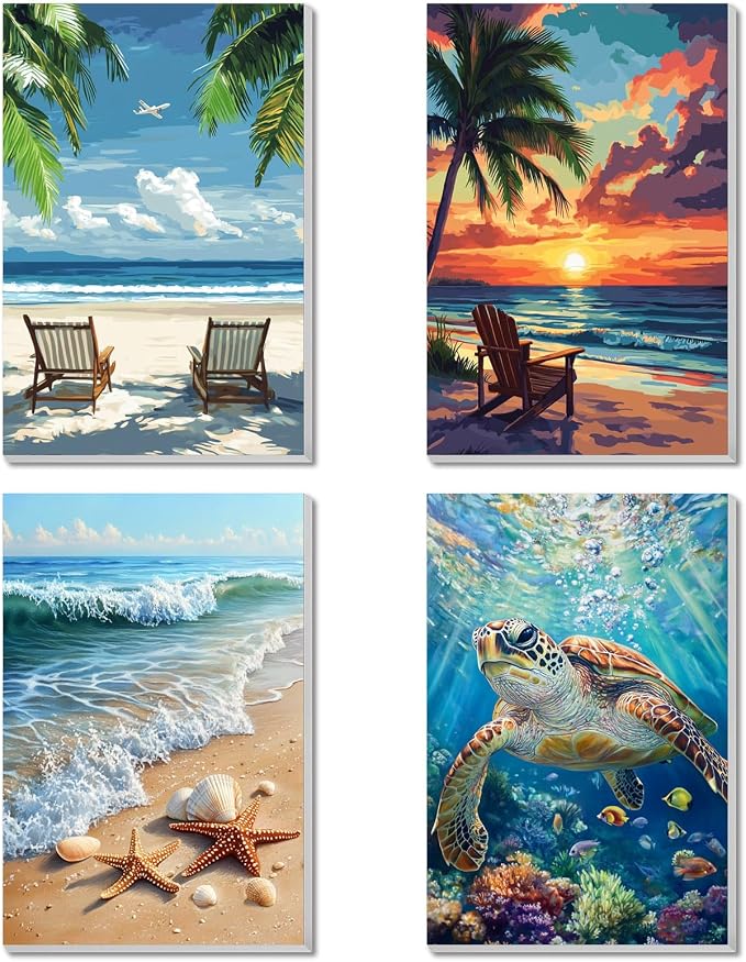 4 Pack Framed Paint By Numbers Kit for Adults Beginner Beach Adult Paint By Number Kits on Canvas Sea Turtle Painting By Numbers for Adults with Frame Diy Painting Kits for Home Wall Art 8x12 Inch