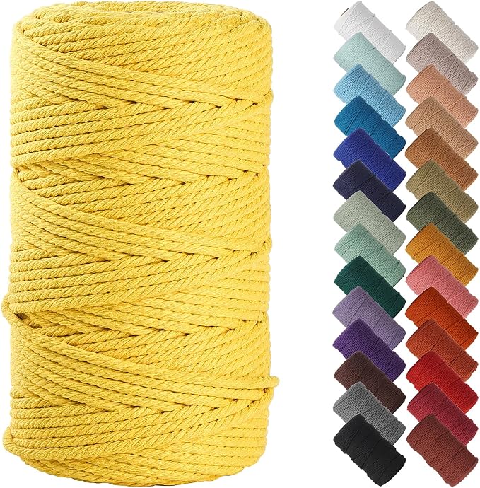 NOANTA Yellow Macrame Cord 4mm x 109yards, Colored Cotton Rope Macrame Yarn | Macrame Rope Supplies, 3 Strand Twisted Cotton Yarn String, Cotton Cord for Wall Hanging, Plant Hangers, Crafts, Knitting