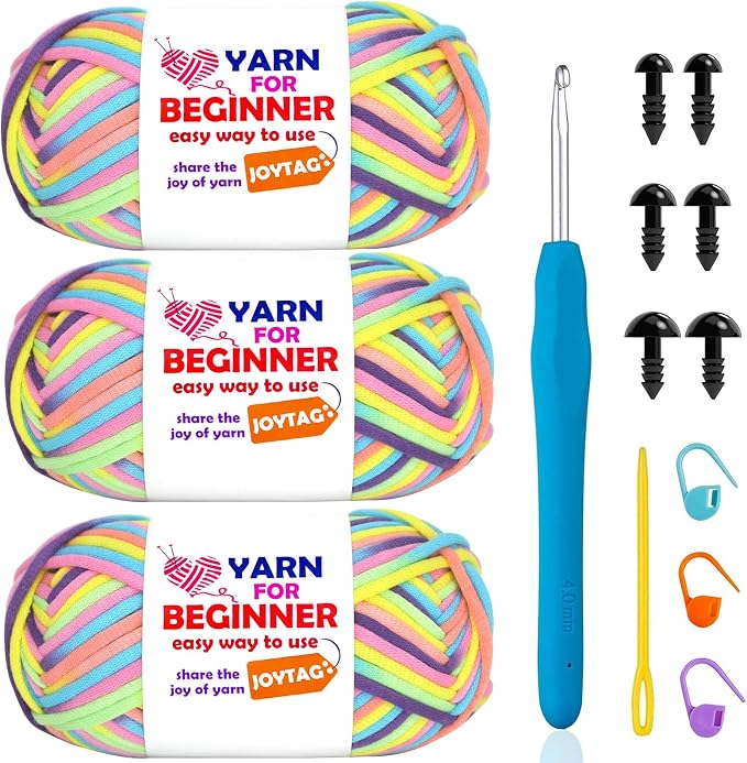 3 Pack Rainbow Beginner Crochet Yarn for Crocheting and Knitting Multicolor Cotton Crochet Yarn for Beginners with Easy-to-See Stitches Cotton-Nylon Blend Easy Yarn for Beginners(Rainbow 02)