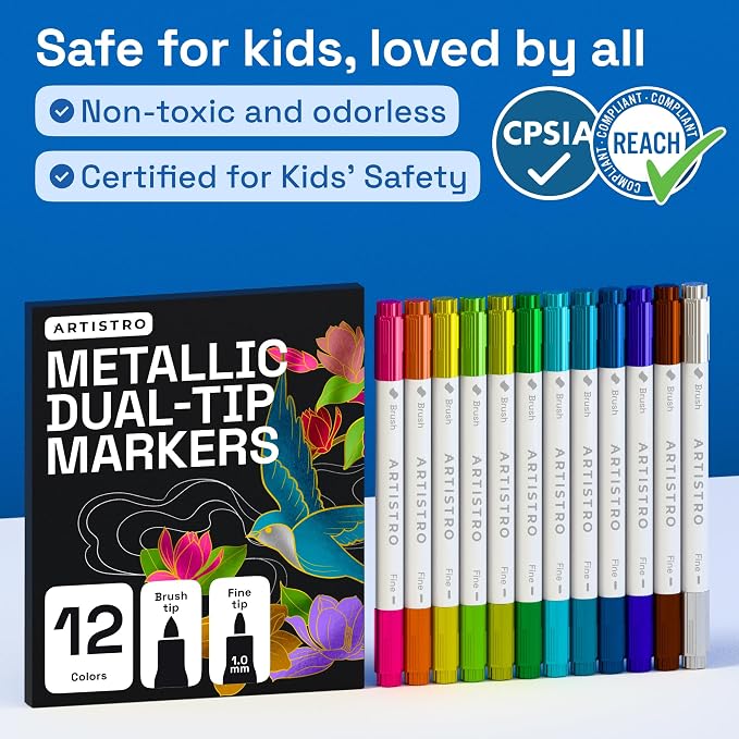 ARTISTRO 12 Metallic Dual-Tip Acrylic Paint Marker Pens for Drawing | For Fabric, Rock, Glass, Wood, & Molds, Arts & Crafts Gift for Adults, Teens, & Kids, Classroom Must Haves & School Supplies