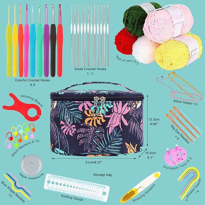 Aeelike Crochet Kit for Beginners Adults, Navy Leaves | Full Crochet Starter Set with Yarn, Ergonomic Crochet Hooks 2.0-6.0 mm, Lace Crochet Hooks, Portable Crochet Set with Case