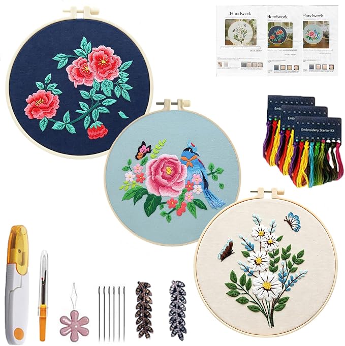 CHIYOSING Embroidery Kit for Beginners Adults, 3 Floral Pattern to Learn Over 30 Different Stitches,Includes Step-By-Step Instructions,Sharp Scissors and 2 Exquisite Hairpins and Multiple Accessories
