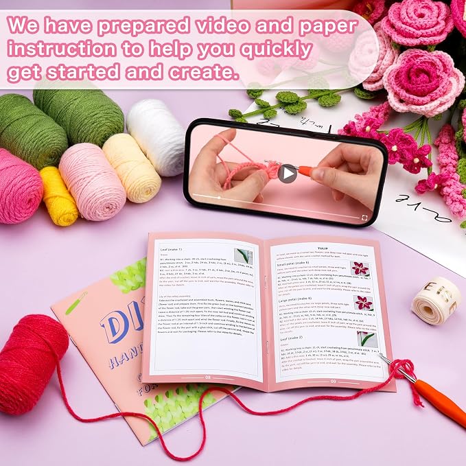 Iuuidu Crochet Kit for Beginners, Rose-Pink Flower Bouquet Crochet Kit