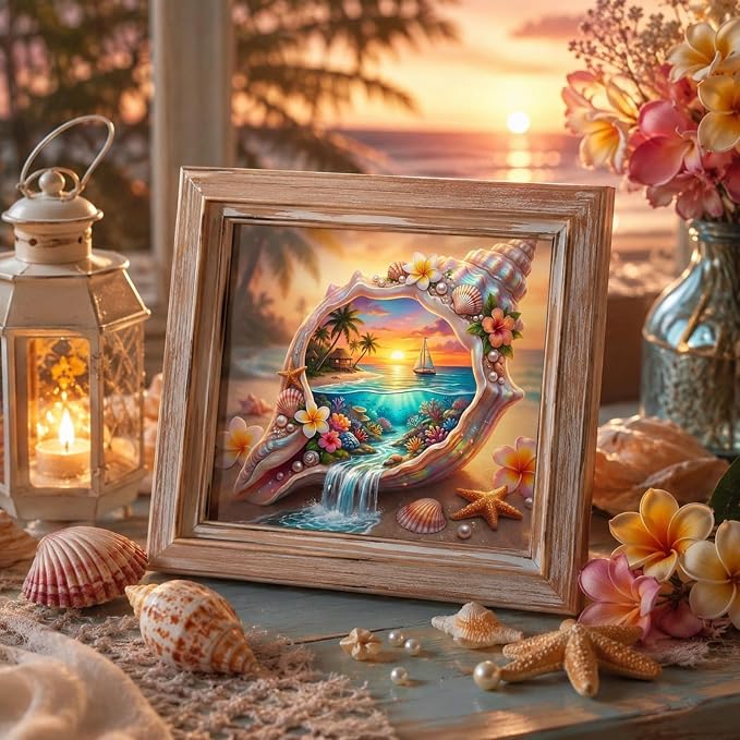 5D Seashell Beach Diamond Art kits for Adults Beginners 13.8x13.8 Inch | Ocean Sunset Diamond Painting Kit, DIY Full Round Drill Paint by Diamonds Dot Gem Art for Adult, Home Wall Decor