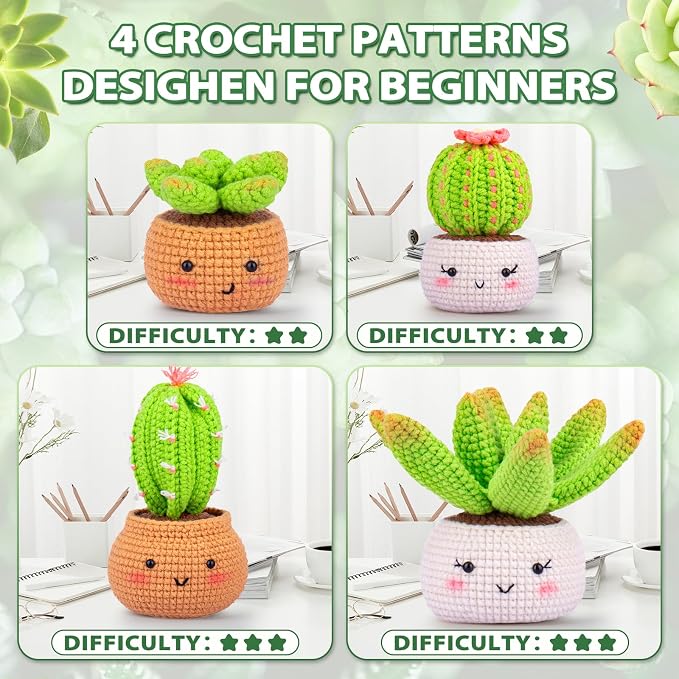 Crochet Kit for Beginners - Crochet Starter Kit with Step-by-Step Video Tutorials, Learn to Crochet Kits for Adults, DIY Knitting Supplies, 4 Pack Plants(40%+ Yarn)