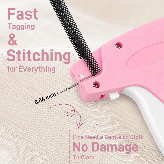 2026 New Stitch Gun for Clothes, Handheld Tagging Gun Quick Clothing Fixer Sewing Kit with 6 Replacement Needles, 1000 Black & 1000 White Fasteners (Pink-Gray)