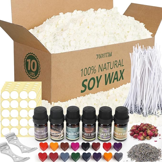 FUHITIM Soy Candle Wax Kit for Candle Making 10 lbs Bag | Natural Soy Wax Flakes, No additives 100 Cotton Candle Wicks,Fragrance Oils, Dried Flowers, DIY Set for Home Crafting