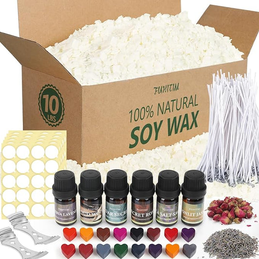 FUHITIM Soy Candle Wax Kit for Candle Making 10 lbs Bag | Natural Soy Wax Flakes, No additives 100 Cotton Candle Wicks,Fragrance Oils, Dried Flowers, DIY Set for Home Crafting