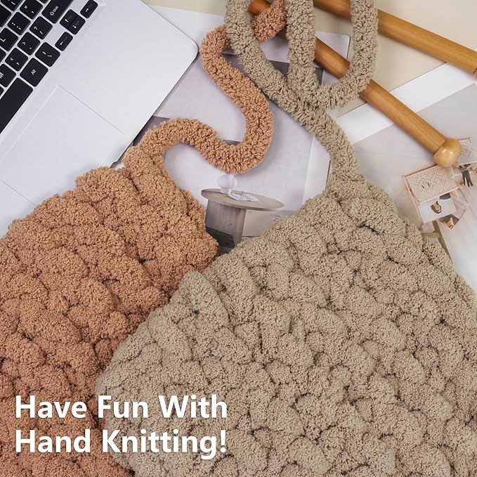 Cozyful Chunky Yarn for Hand Knitting - #10 Chunky Chenille Yarn, Jumbo Big Thick Chunky Yarns for Crocheting, Super Bulky Chunky Knit Blanket Yarns, 8 Skein (22yd, 8oz/Skein), Khaki & Coffee