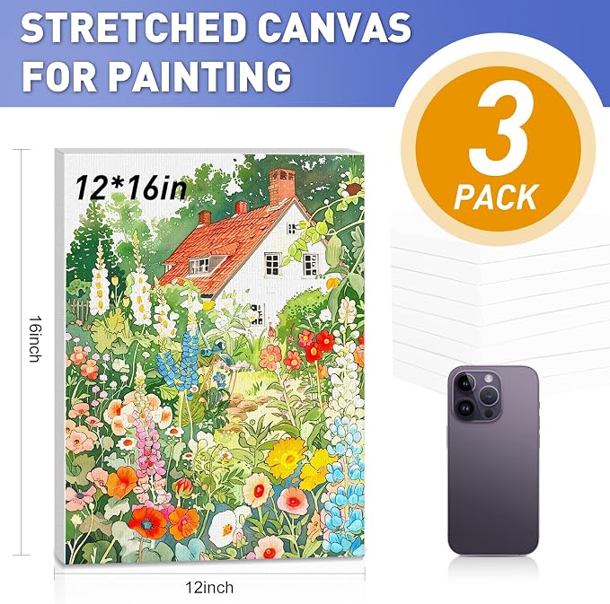 ESRICH Stretched Canvas for Painting 12x16 Inch, 3 Pack Blank Canvas -5/8 in Profile Primed Cotton White Canvases for Painting for Oil & Acrylic Paint