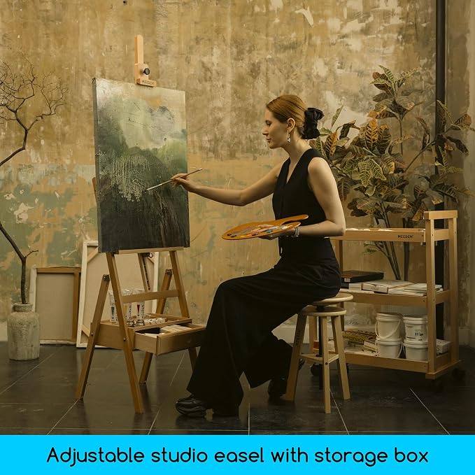 MEEDEN Painting Easel with Storage Drawer, Studio H-Frame Easel- Adjustable (60"~75") Solid Beech Wood Easel Stand for Painting for Adults, Holds Canvas Art up to 35",Natural