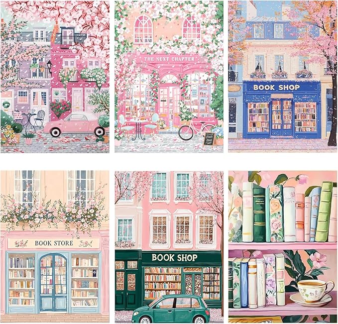 AOSGEDY 6 Packs Bookstore Paint by Numbers Kit for Adults Beginner, Pink Book Shop Adult Paint by Number Kits on Canvas, DIY Acrylic Oil Painting by Numbers for Home Wall Decor 10x14 Inch