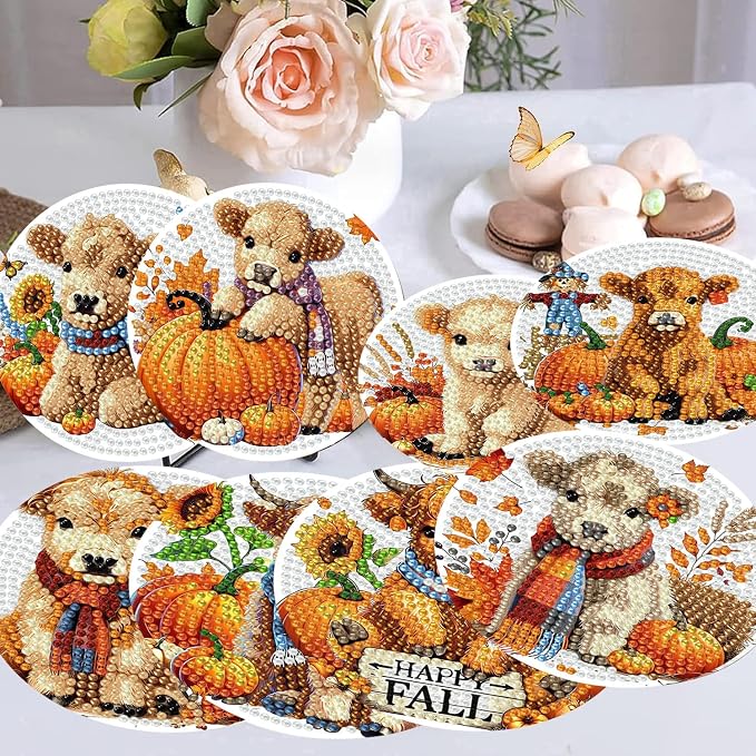 mrpwnle 8 Pcs Diamond Art Coasters Kits DIY Cow Diamond Painting Coasters