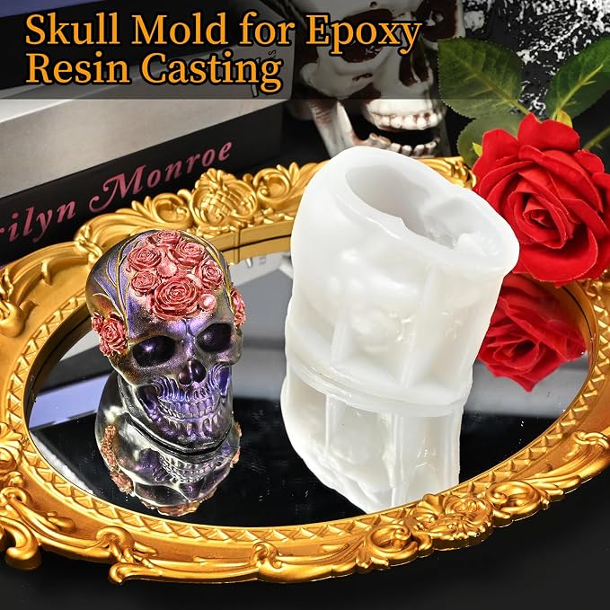 Skull Molds for Resin, 3D Rose Style Skull Head Casting Molds | Soft Skull Silicone Mold for Candle Making, Epoxy Resin Craft, Handmade Soap, Plaster Clay, Halloween Party Gifts Home Decor