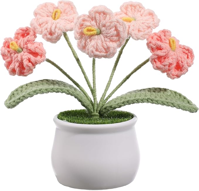 Forget-Me-Not Crochet Flower Potted Plant, Handmade Pink Flower Gift for Mom, Wife, Grandma, Mother’s Day Gift, Cute Desk Decor, Birthday Gift for Women Cute Desk Decor Floral Home Decoration
