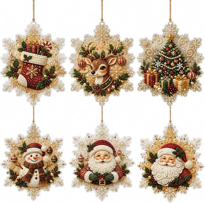 6PCS Christmas Wooden Ornaments DIY Pearl Diamond Painting Kit 12