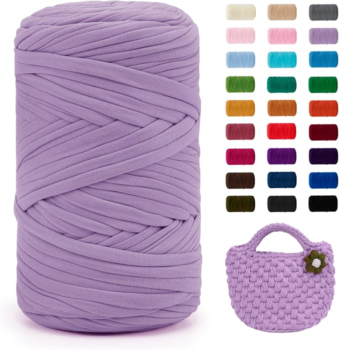 JeogYong T-Shirt Yarn, 400g/131 Yards Elastic Fabric Crochet Cloth T Shirt Yarn, Thick Hand Knitting Polyester Fabric Ribbon for Crocheting Bags/Baskets/Rugs, Home Decor, DIY Crafts (Light Purple)
