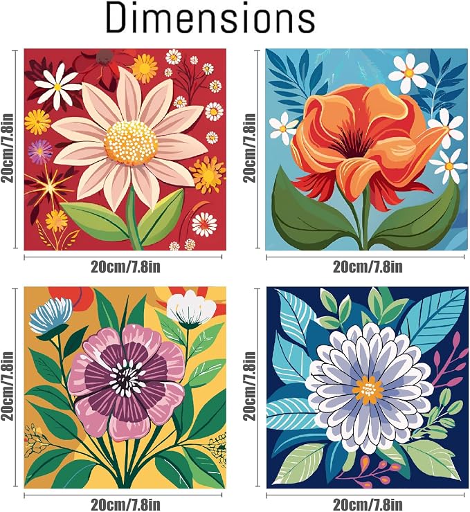 Canrichshop 4 Pack Framed Paint by Numbers Kit for Adults Beginner & All Ages 8-12 and More,Flowers Painting by Numbers, DIY Number Painting for Adults for Decor Present 8X 8 inch