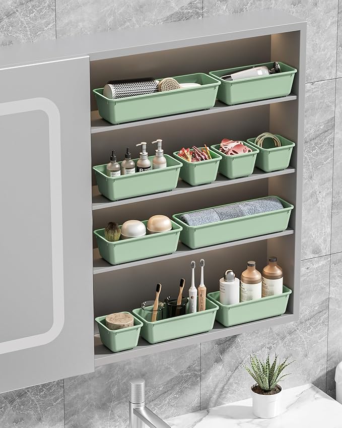 Canfanni 13 Pack Plastic Drawer Organizers Set, 3 Sizes Desk Drawer Organizer Trays for Vanity and Makeup Organizer, Organization and Storage for Makeup, Kitchen Utensils, Bathroom and Office(Green)