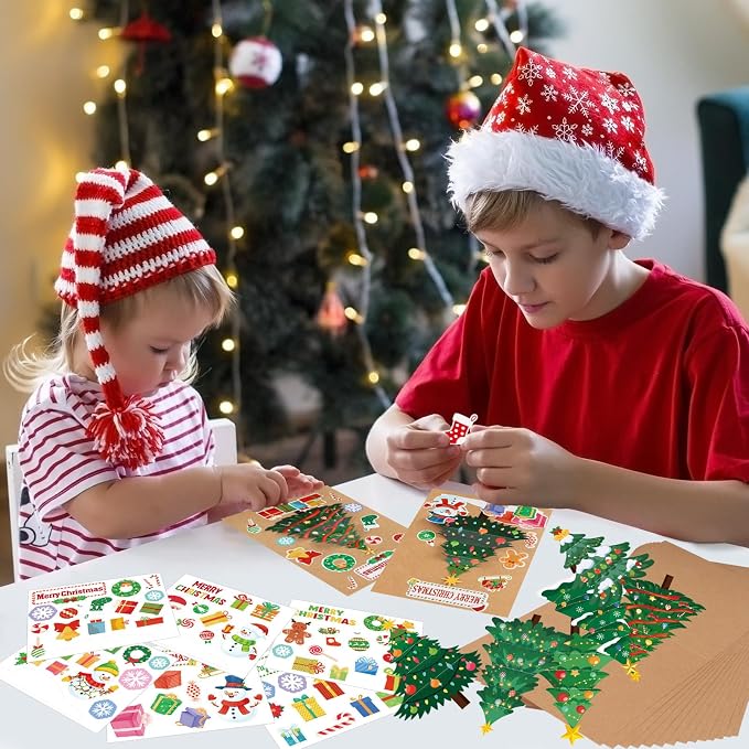 COCHIE 24 Sets Christmas Card Making Kits 3D Christmas Tree Card Making Craft Kits for Kids Holiday Greeting Cards Bulk for Home Classroom Activities