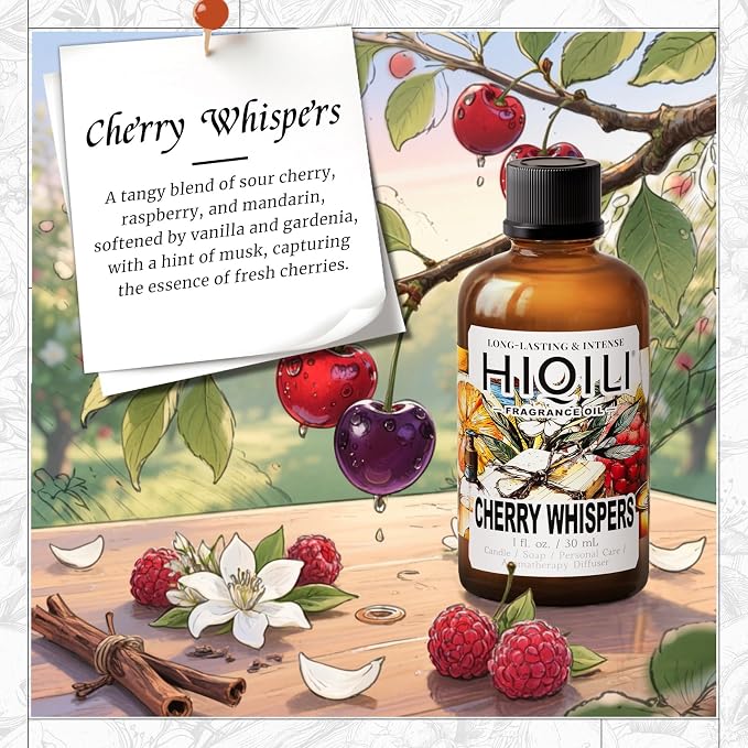 HIQILI Cherry Whispers‌ Fragrance Oil for Soap, Candle Making, Inspired by E.scd Cherry in-t.Air, Wool Dryer Balls, Home Luxury Scents for Laundry & Bathroom Use - 1.0 Fl Oz(Pack of 1)