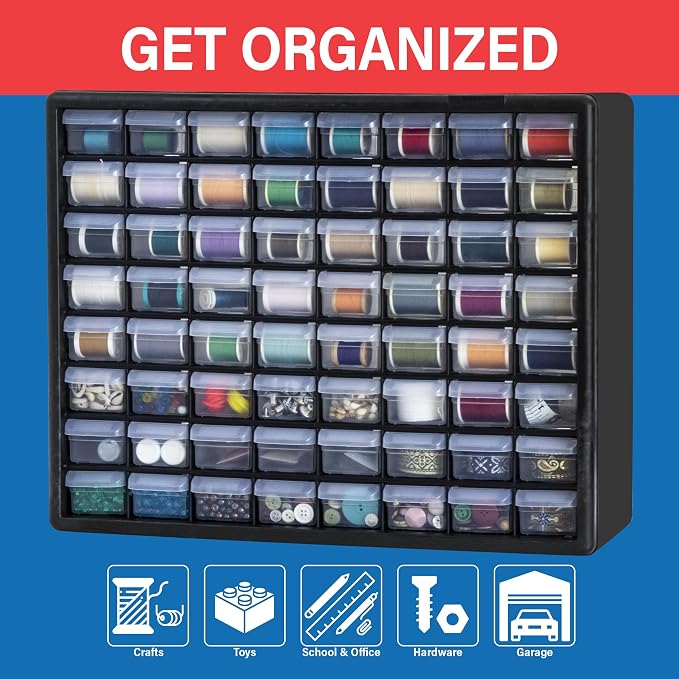 Akro-Mils 64-Drawer Plastic Storage Cabinet, 20" W x 6" D x 16" H, Black | Plastic Cabinet w/ Drawers for Garage Organization, Beads, Building Bricks Storage, Teacher Toolbox, Makeup Organizer, 10164