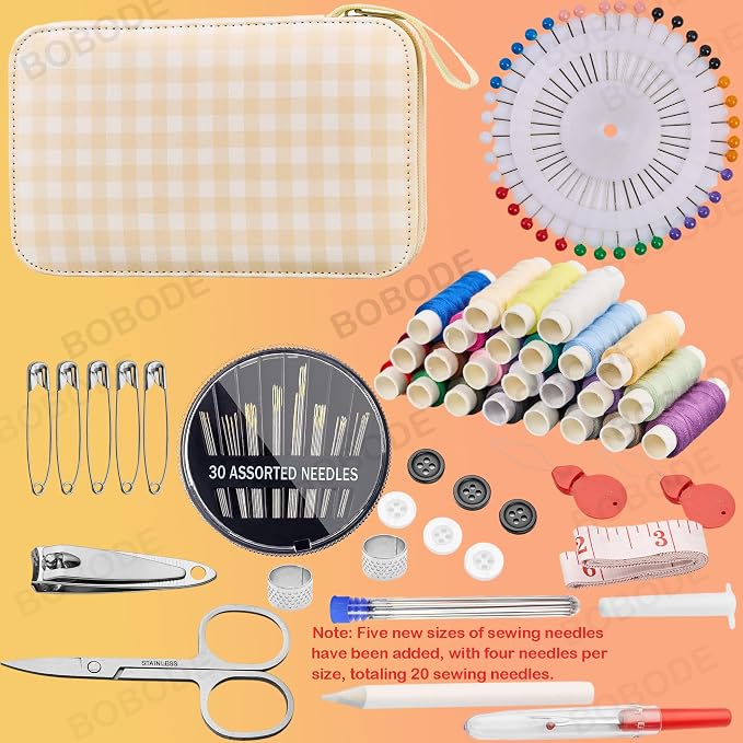 Travel Basic Sewing Kit with Checkered Pattern Sewing Set | Professional 130PCS Sewing Supplies Heavy Duty Needles Kit Printing Sewing Kit for Adults & Beginners Emergency, Home